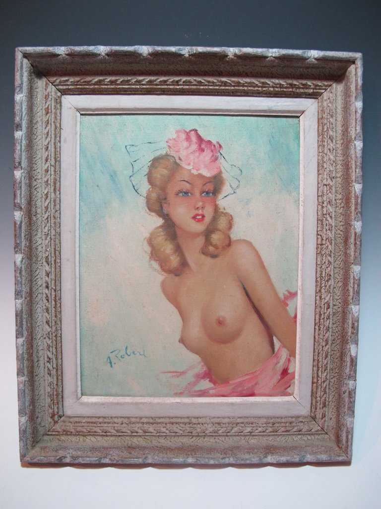 Oil on canvas nude painting, signed A. ROBERT: Oil on canvas nude painting, signed A. ROBERT. 18 1/2” H x 15 1/4” W frame included. Shipping in USA is $ 45.00. International bidders ask for shipping before bid.