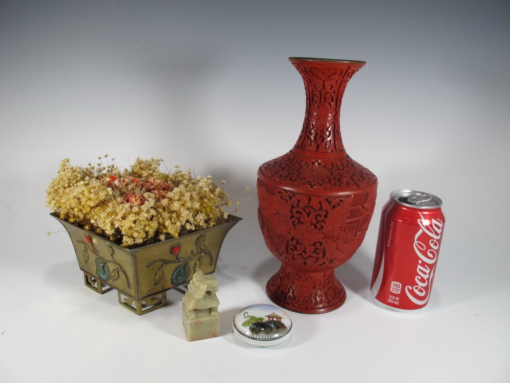 Set of cinnabar vase, stone seal and bronze planter (1 of 6)