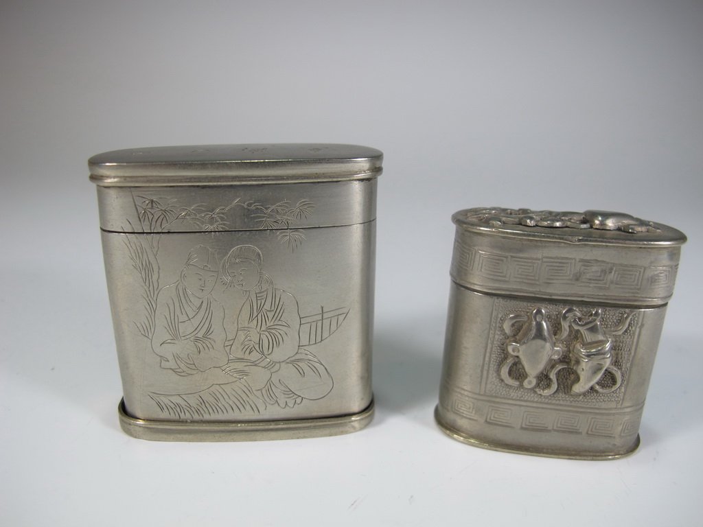 Antique pair of Chinese Opium silverplate boxes (1 of 5)