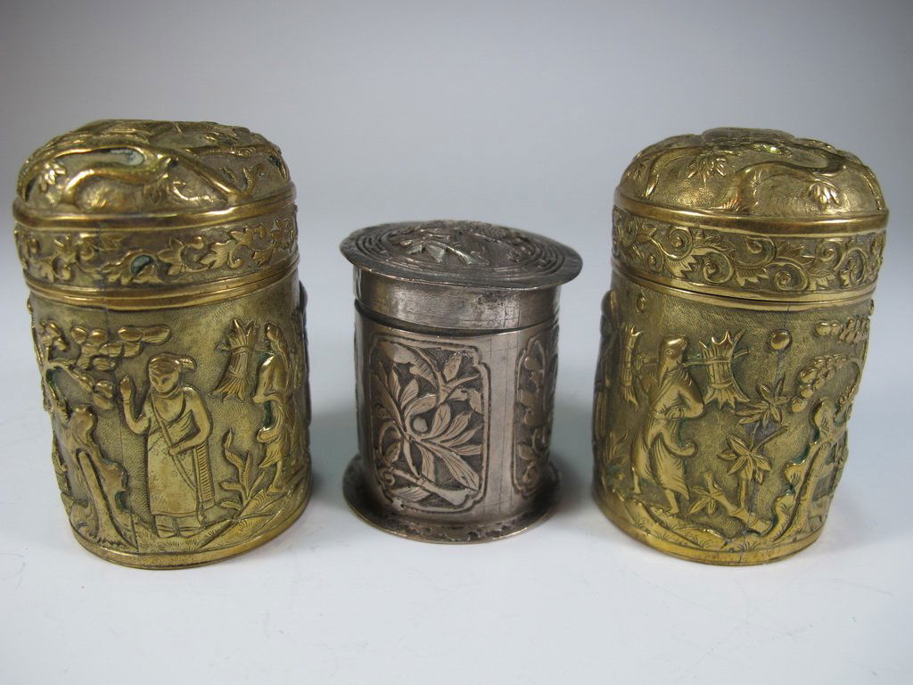 Antique set of 3 Chinese Opium bronze boxes (1 of 6)