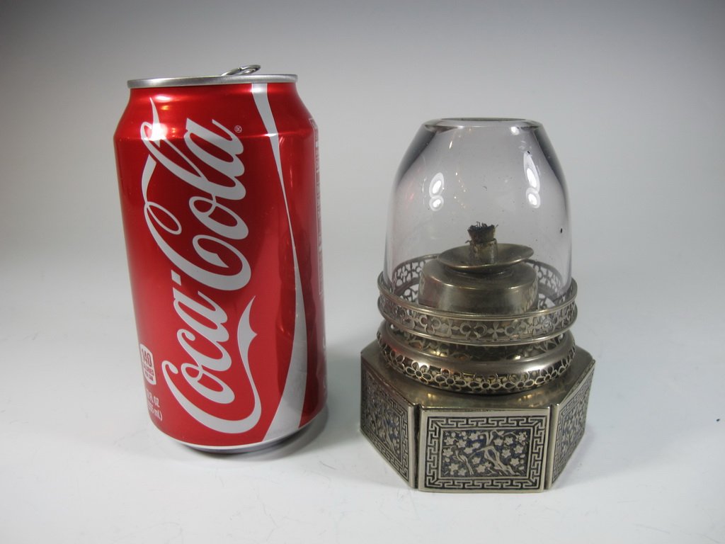 Antique Chinese silverplated & glass opium lamp (1 of 5)