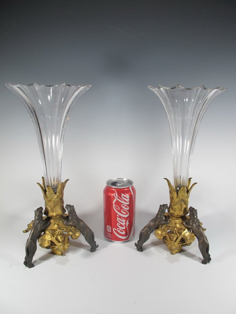 19th C French pair of crystal & bronze flowers vases (1 of 9)