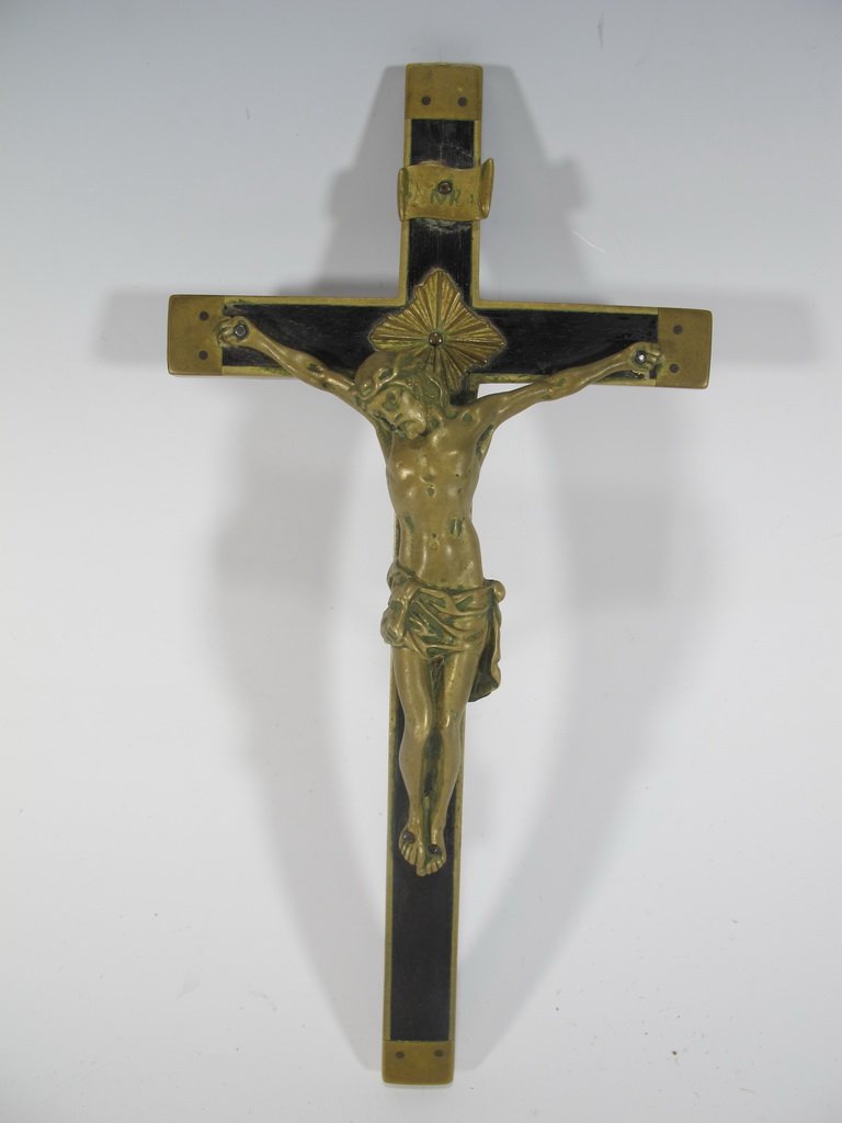 Antique probably ebony & bronze Religious Cross: Antique probably ebony & bronze Religious Cross. 8 3/4” H. Shipping in USA is $ 25.00. International bidders ask for shipping before bid.