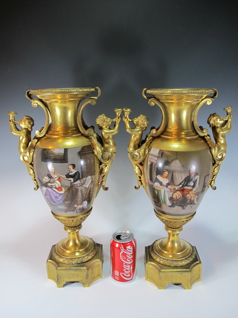 19th C pair of French porcelain & bronze urns (1 of 10)
