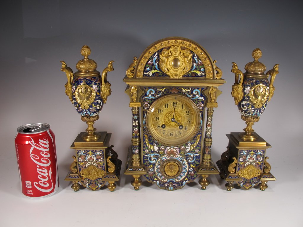 19th C French bronze champleve clock set (1 of 10)