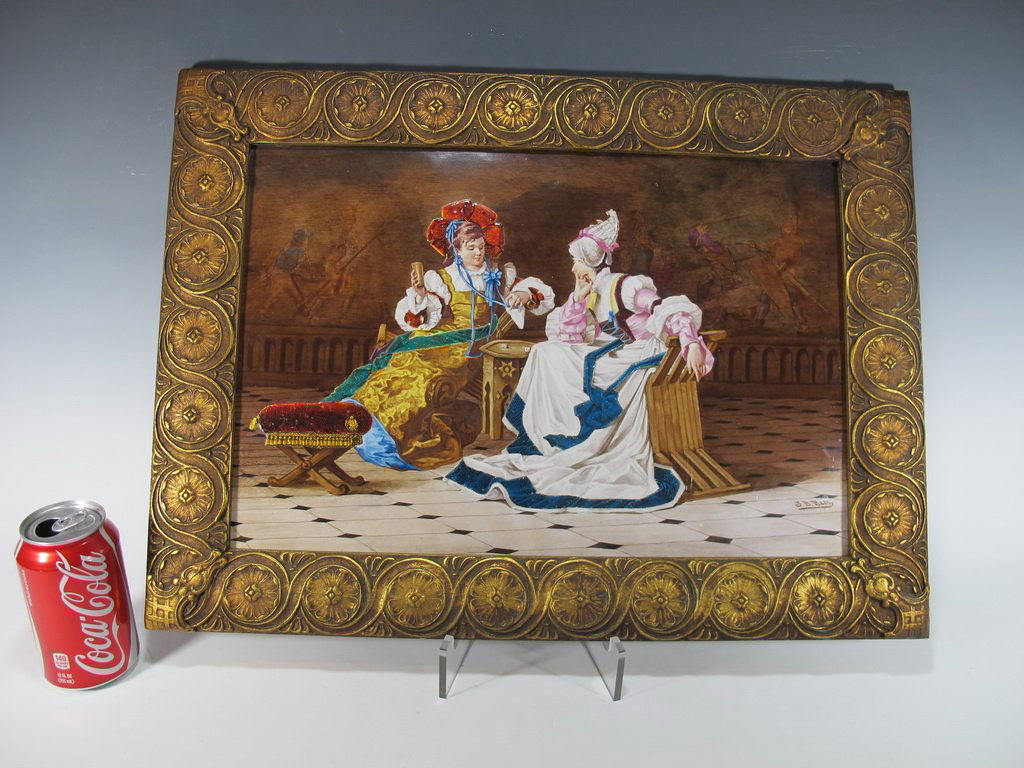 Antique European framed enamel porcelain plaque, signed (1 of 9)