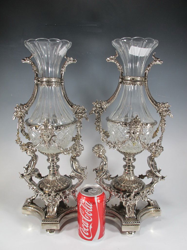 Marked Baccarat pair of silverplated bronze & glass (1 of 8)