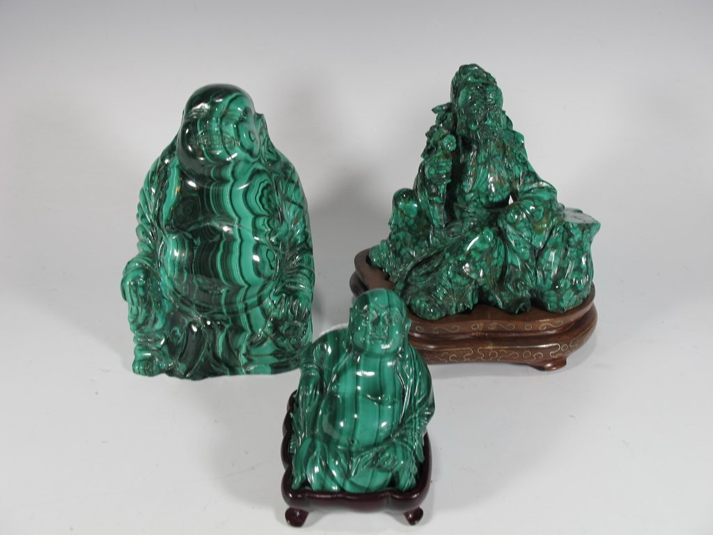 Antique Chinese set of 3 Malachita Buddha statues: Antique Chinese set of 3 Malachita Buddha statues. 4 7/8” H x 3 3/8” W, 4 1/2” H x 4 3/8” W without base and 2 1/8” H x 2” W without base. Shipping in USA is $ 35.00. International bidders