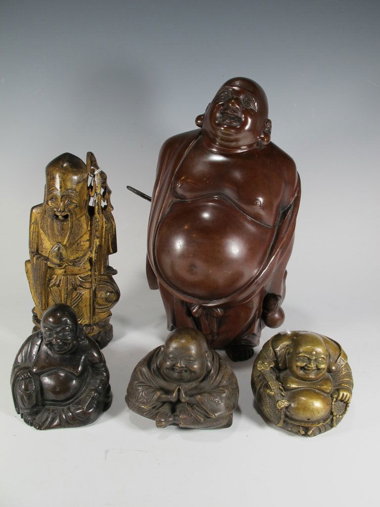 Antique Chinese set of 5 bronze Buddha statues: Antique Chinese set of 5 bronze Buddha statues. 2 3/4” H x 3 1/4” W, 2 1/2” H x 3” W, 3 3/8” H x 2 7/8” W, 7 1/4” H and 9 3/4” H x 5 1/4” W. Shipping in USA is $ 55.00. International