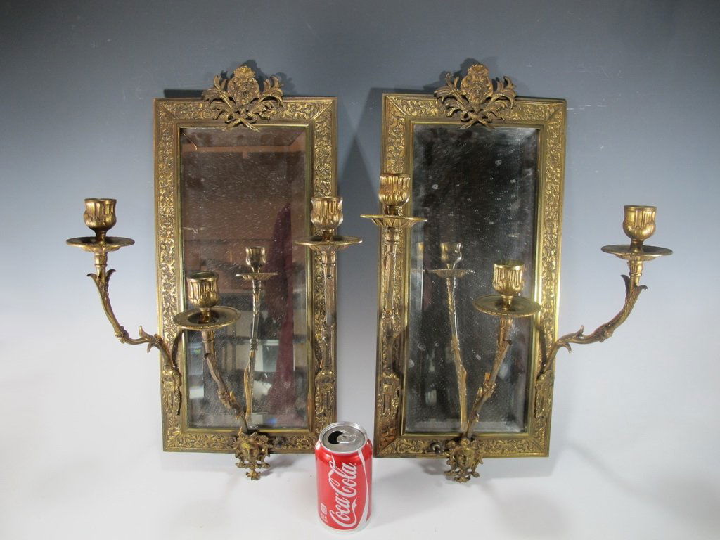 Antique pair of bronze & bevelled mirrors wall sconces (1 of 5)
