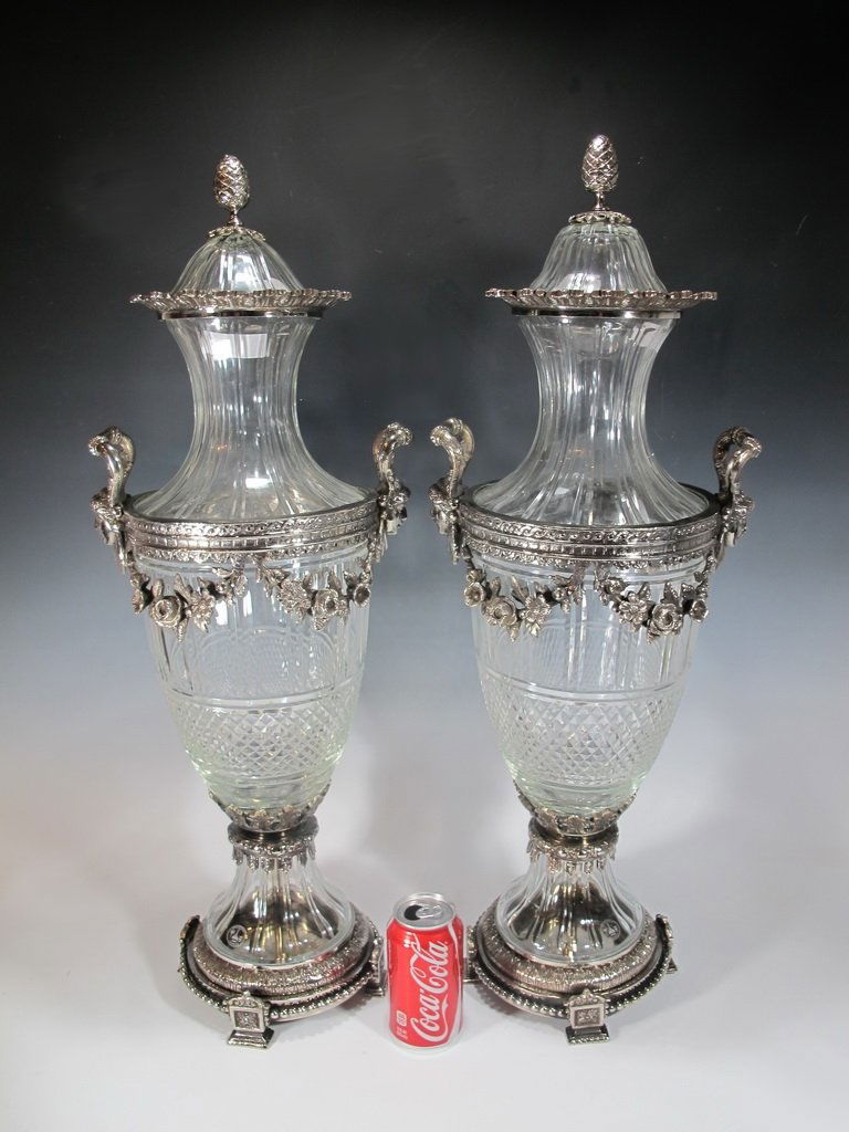 Huge pair of bronze silverplated & glass urns signed (1 of 8)