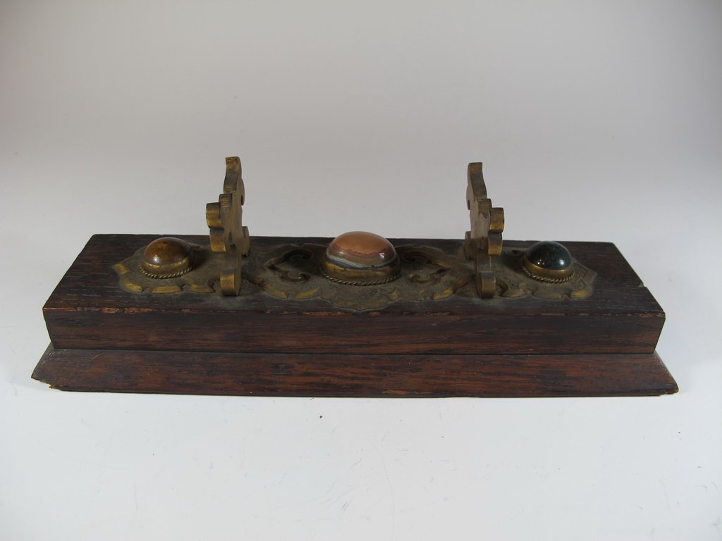 Antique European wood, bronze & agatha pen holder: Antique European wood, bronze & agatha pen holder. 2 3/4" H x 9 1/2” W x 2 3/4” D. Shipping in USA is $ 20.00. International bidders ask before bid.