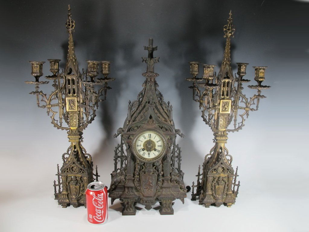 Antique Gothic bronze clock set (1 of 9)