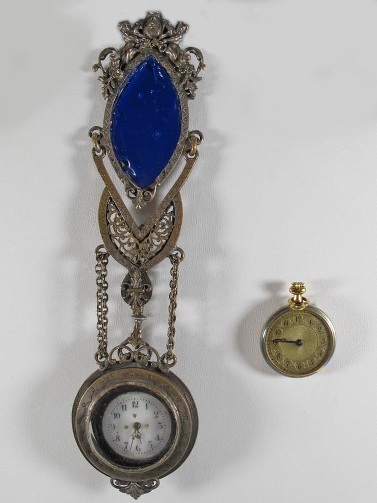 2 antique sterling, enamel & 14 kt gold clocks (1 of 9)