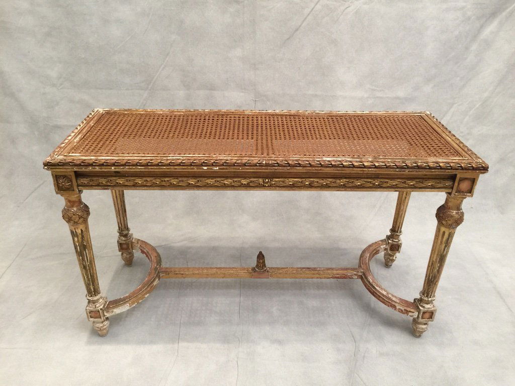 French Louis XVI Gilt Caned Bench: French Louis XVI Gilt Caned Bench. 20 1/2” H x 35 1/2” W x 13 1/4” D. Shipping in USA is $ 165.00. International bidders ask before bid.
