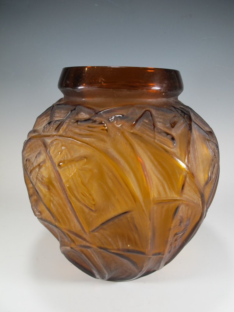 Signed Lalique, France amber glass vase (1 of 7)