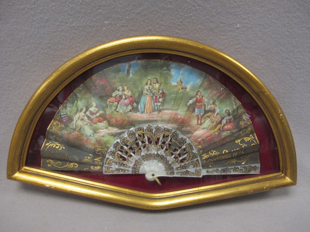 Old Spanish printed fan in a box: Old Spanish printed fan in a box. 12 3/8" H x 21 3/8” W. Shipping in USA is $ 40.00. International bidders ask for shipping before bid.