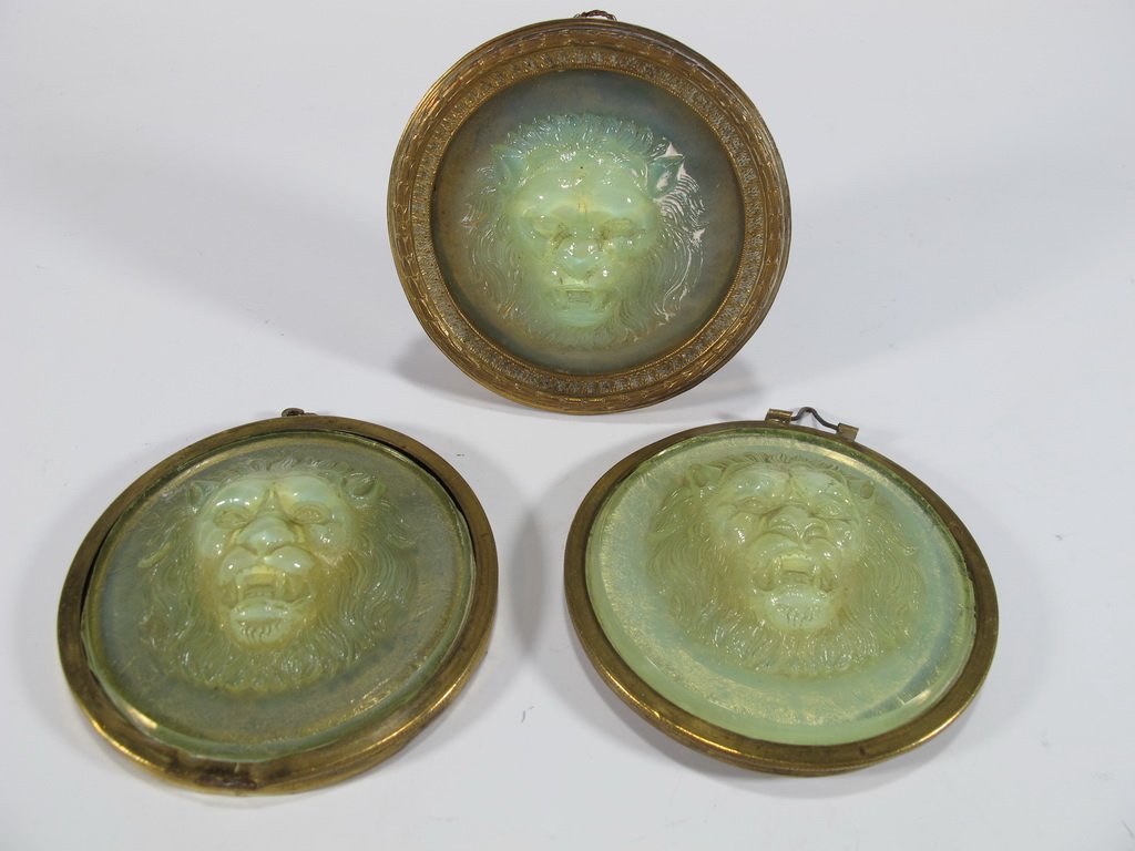 Antique European bronze & glass of 3 lions plaques (1 of 5)