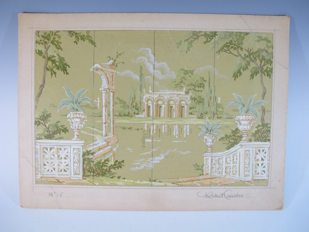 Robert CROWDER (1911-2010) American artist watercolor: Robert CROWDER (1911-2010) American artist watercolor draft for a wall. Also known as Vralati and Shoji Kuroda. He was Nihonga artist, a painter and printmaker who diverse styles to reflect wide cultu