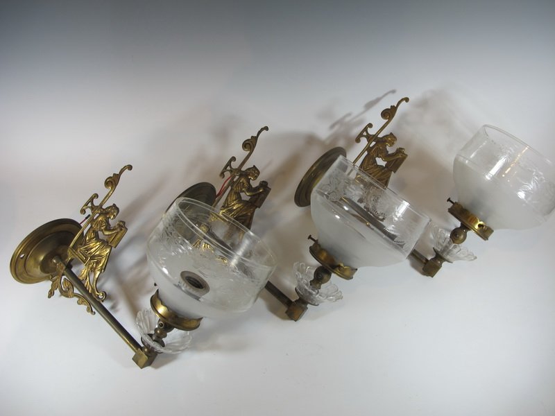 Antique French set of 3 bronze & glass sconces (1 of 6)