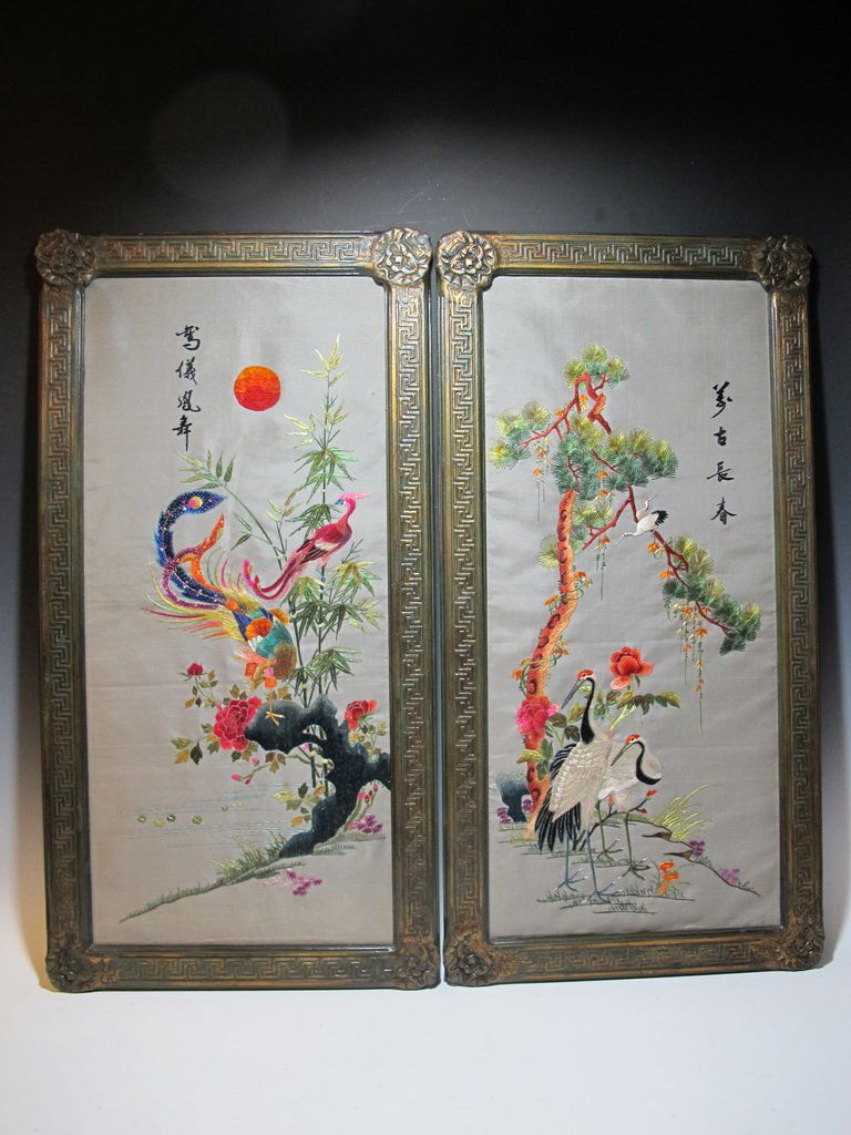 Embroidered pair of ancient Chinese panels (1 of 7)
