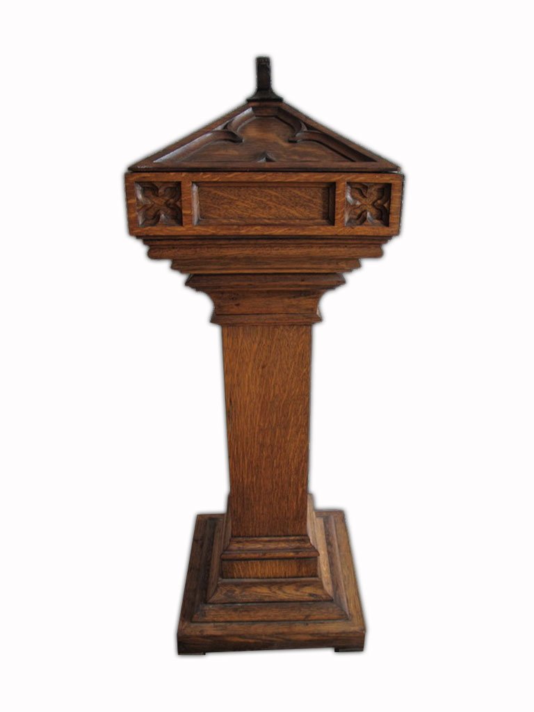 Antique oak & brass baptismal fount: Antique oak & brass baptismal fount. 42 3/4” H x 14 1/2” W. Shipping in USA is $ 100.00. International bidders ask for shipping before bid.