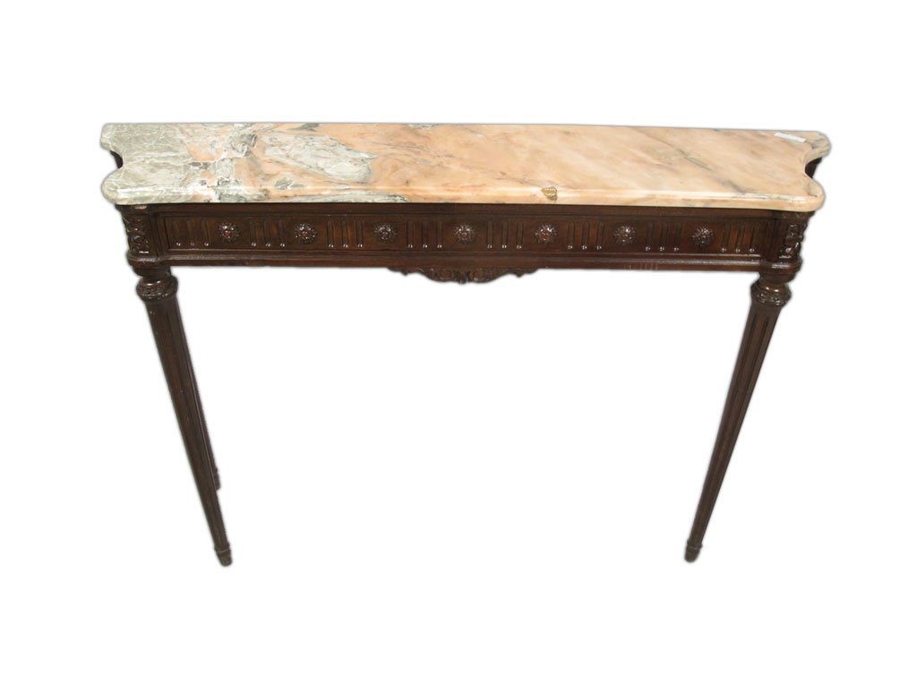 Antique French Louis XVI Style Console Table: Antique French Louis XVI Style Console Table with a marble top and bronze details. 31 3/4” H x 48” W x 11 1/2” D. Shipping in USA is $ 275.00. International bidders ask for shipping before bid.
