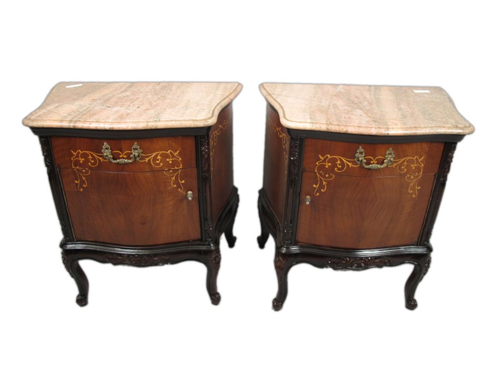 Pair of French Louis XV style nightstands: Pair of French Louis XV style nightstands with a marble top and inlaid details. 26" H x 24” W x 15 1/2” D. Shipping in USA is $ 165.00. International bidders ask before bid.