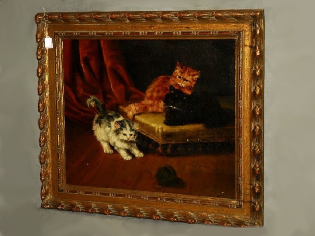 Playful Kittens Oil on Canvas Signed A. Lambrashon (1 of 4)