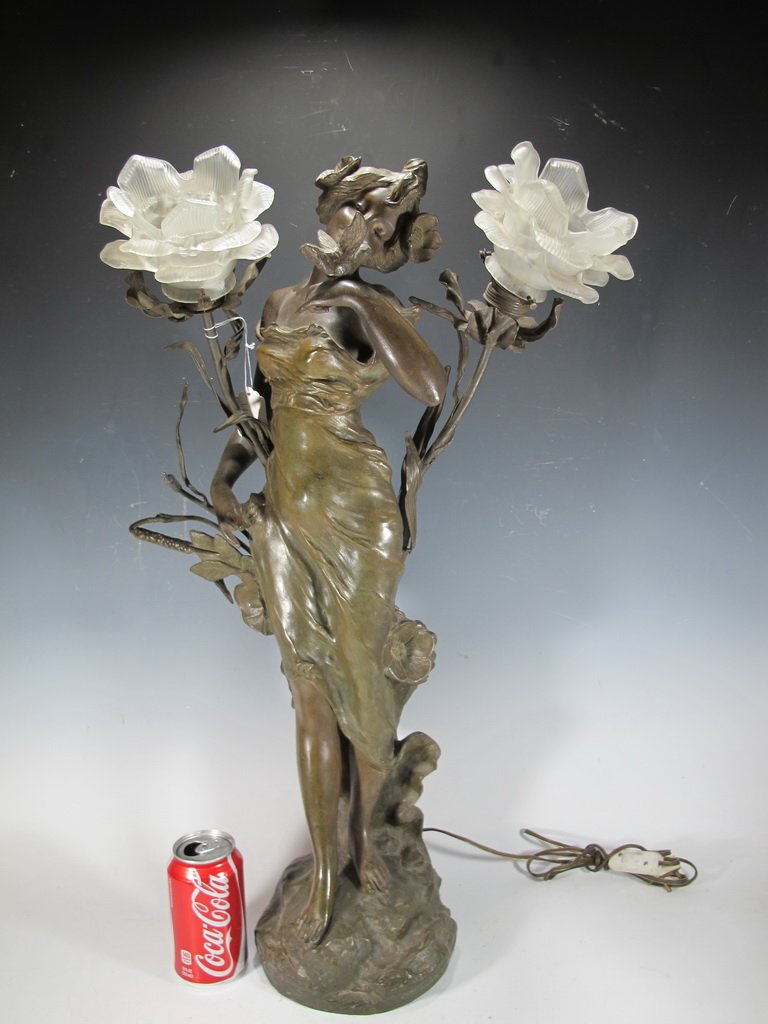Antique French Art Nouveau signed spelter lamp figurine (1 of 9)