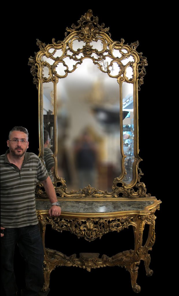 Huge antique palatial gilt French console table &: Huge antique palatial gilt French console table & mirror. Console: 63" H x 34 1/2" W x 20 3/4" D, Mirror: 81" H x 58" W. Shipping in USA is $ 800.00. International bidders ask for shipping before bid.