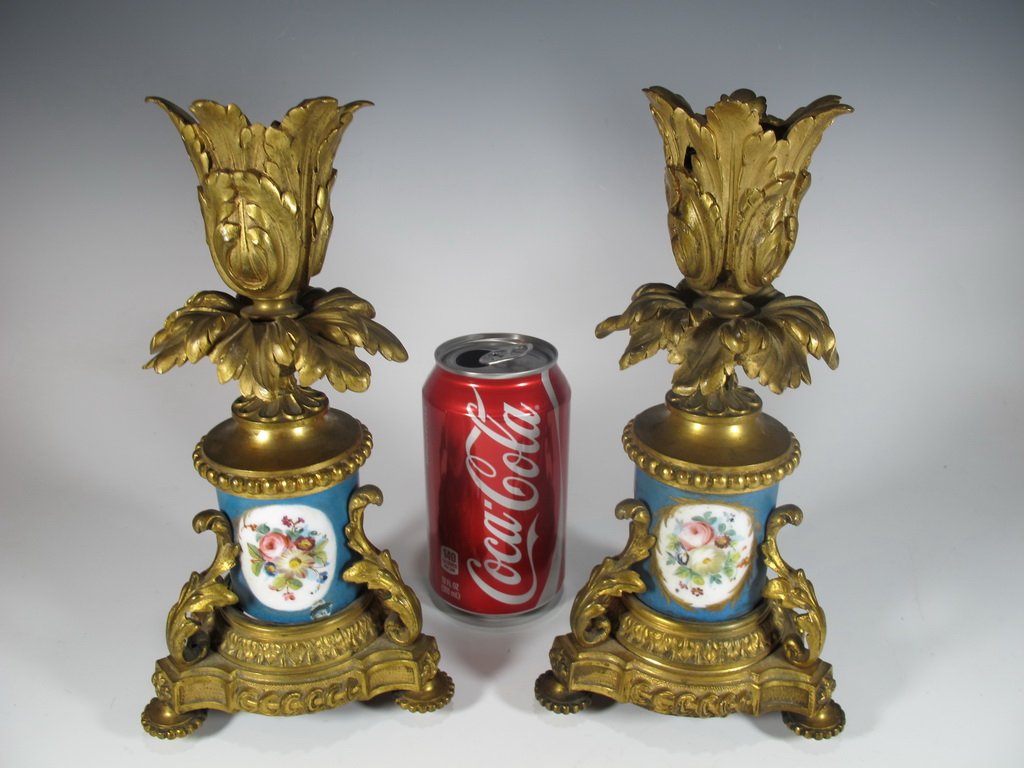 Antique French pair of bronze & porcelain candlesticks (1 of 7)
