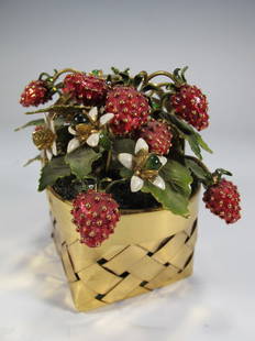 Cartier Gold Wash sterling basket with strawberries: Cartier Gold Wash sterling enamel basket with strawberries, designed by Jane Hutcheson and inscribed "Cartier Hand Made sterling". 3 1/8" H x 3 3/8" W x 2 5/8" D. Shipping in USA is $ 25.00. Internati