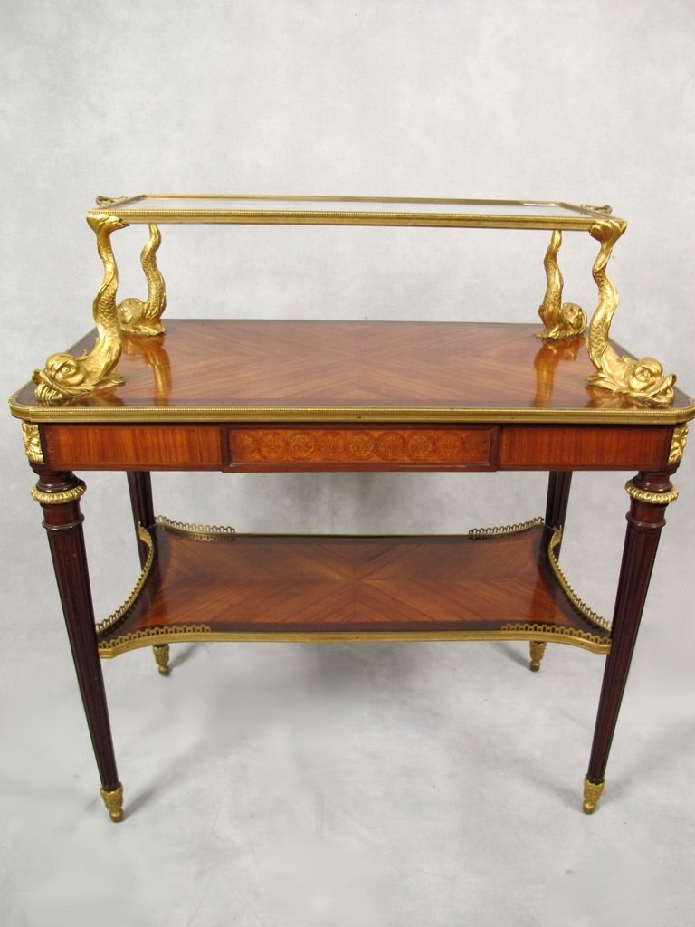 Forest, Paris ormolu, mahogany & glass buffet table: Forest, Paris ormolu, mahogany & glass buffet table, the Forest antique & original label has been removed 95 %, see the last picture. 38 1/4" H x 35 3/8" W x 19 3/4" D. Shipping in USA is $ 245.00. US