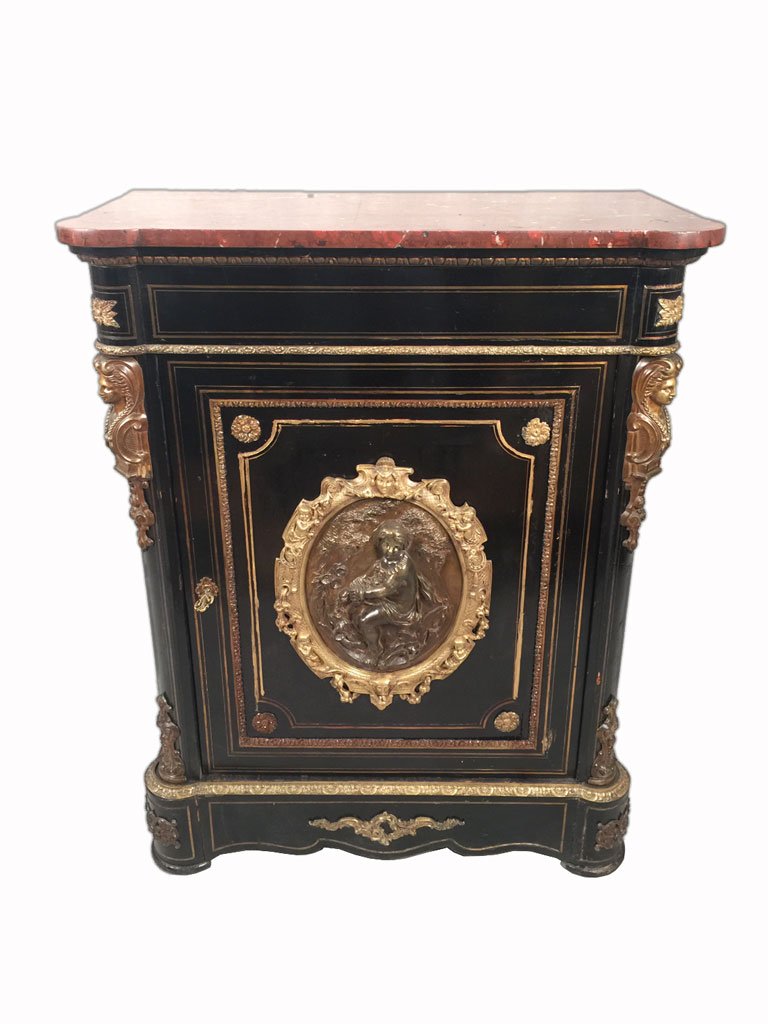 Antique French Boulle cabinet with marble top: Antique French Boulle cabinet with marble top and bronze inlaid and details. 42 3/4” H x 33 3/4” W x 16 1/2” D. Shipping in USA is $ 300.00. International bidders ask for shipping before bid.