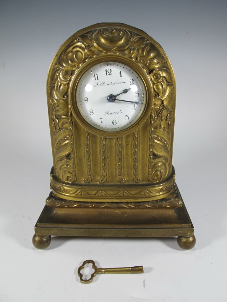 Antique French Barbedienne bronze clock: Antique French Barbedienne bronze clock , signed. 7 7/8” H. Shipping in USA is $ 25.00. USA or International bidders ask for shipping before bid.