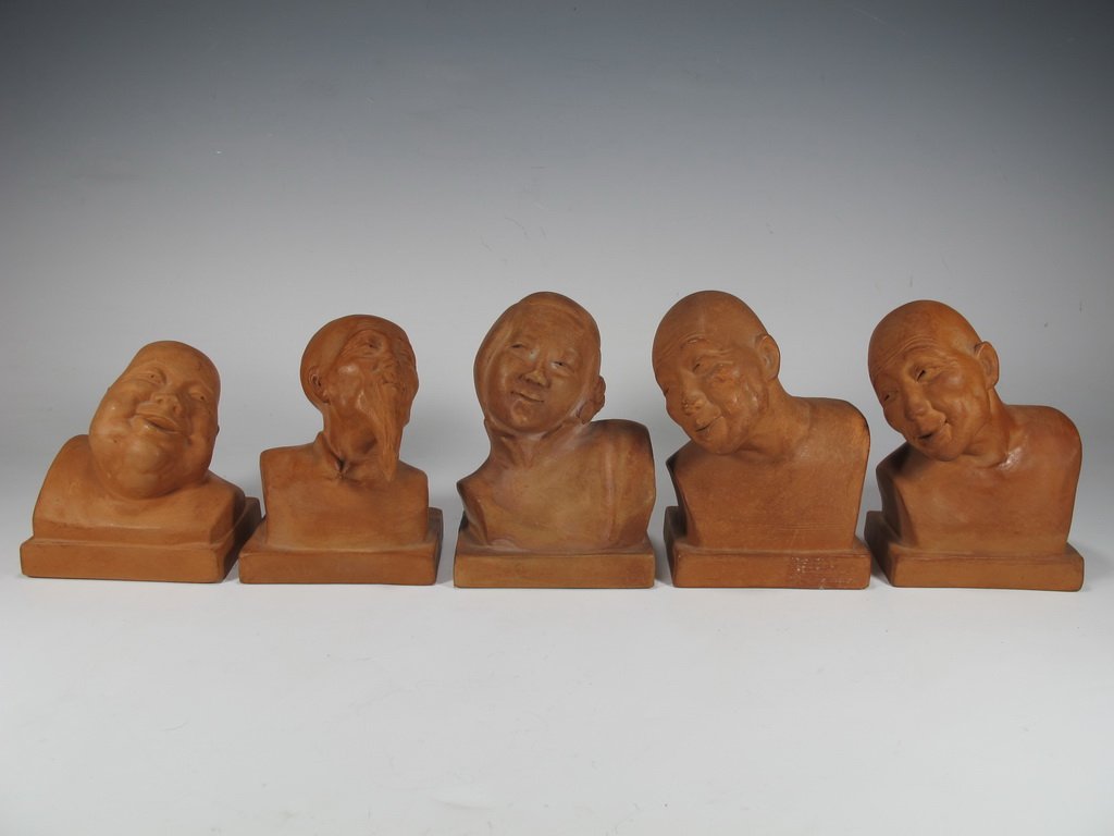Gaston HAUCHECORNE (1880-1945) terracotta set: Gaston HAUCHECORNE (1880-1945) terracotta set of 5 Oriental busts, signed. 4 1/4” H & 4 1/2” H. Shipping in USA is $ 40.00. International bidders ask for shipping before bid.