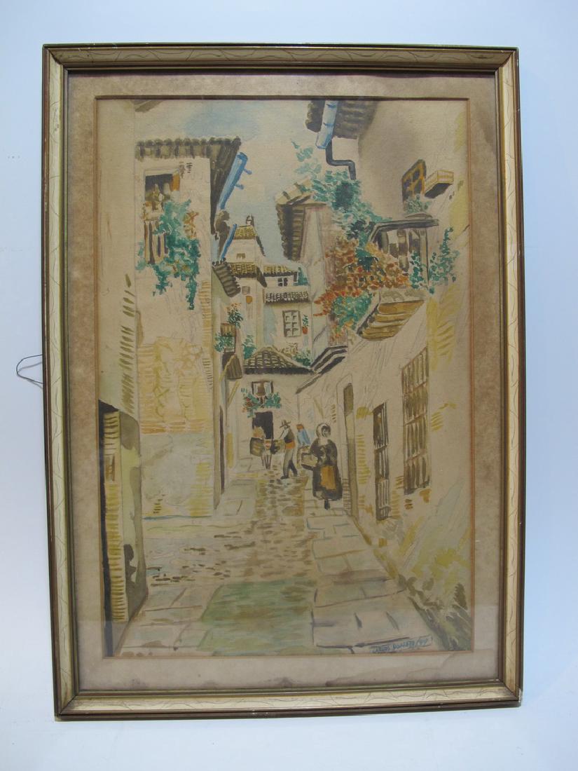 antique watercolor cityscape painting, dated 1944 (1 of 4)