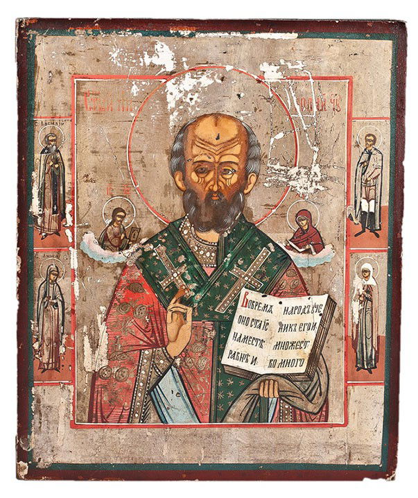 Russian icon: Saint Nicholas The Wonderworker. 19th: Russian icon: Saint Nicholas The Wonderworker. 19th Century. Vladimir region. Egg tempera and gesso on wood panel. Two inserted wooden splints on top and bottom. The Icon shows St. Nicholas with two s