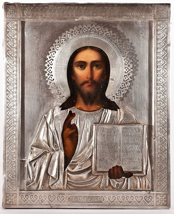 Russian icon: Christ Pantocrator. 19th Century.: Russian icon: Christ Pantocrator. 19th Century. Moscow. Egg tempera and gesso on wood panel. Two insert wooden splint in the back. The back of the icon is covered by red fabric. The front of the icon