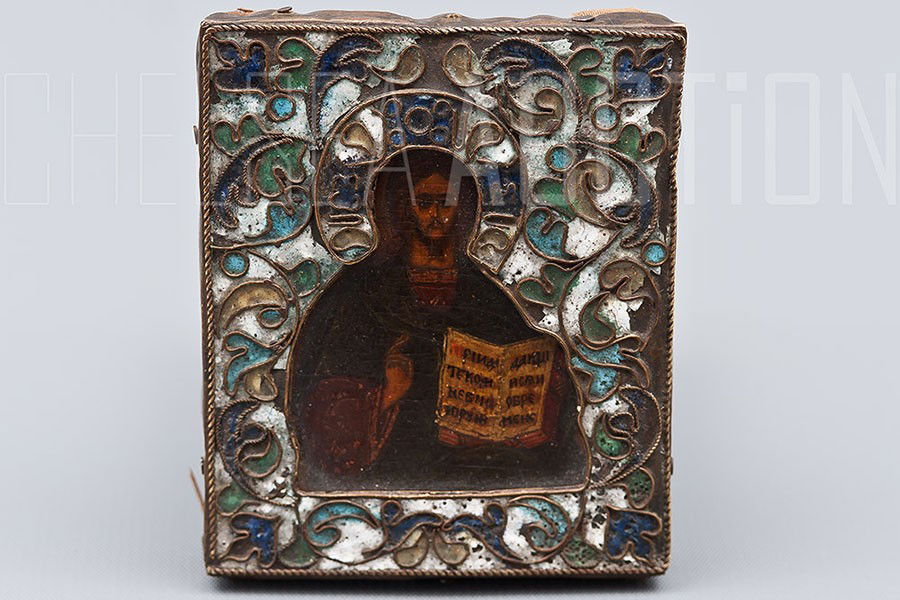 Russian Orthodox Icon: CHRIST PANTOCRATOR. Russia,: Russian Orthodox Icon: CHRIST PANTOCRATOR. Russia, late 18th Century. Egg tempera, gesso on wood panel. The icon is covered by silver cover decorated with enamel. The icon has a tradition representati