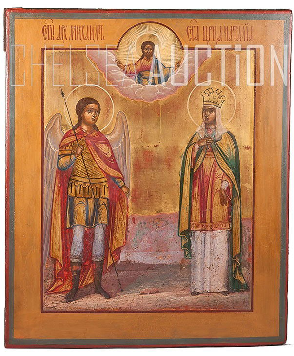 Russian Orthodox icon: ARCHANGEL MICHAEL. 19th Cen: Russian Orthodox icon: ARCHANGEL MICHAEL AND CZARINA NATALYA. Central Russia, 19 Century. Egg tempera, gold leaf and gesso on wood panel. Two splints insert top and bottom. Size: 12 ¼” x 10 ¼” (