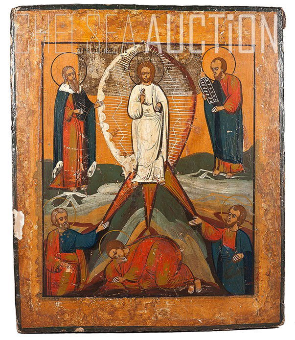 Russian Orthodox icon: TRANSFIGURATION: Russian Orthodox icon: TRANSFIGURATION Center Russia, 19th century. Egg tempera, gold leaf, and gesso on wood panel. Two insert splints on top and bottom. In the center of icon is transfiguration of J