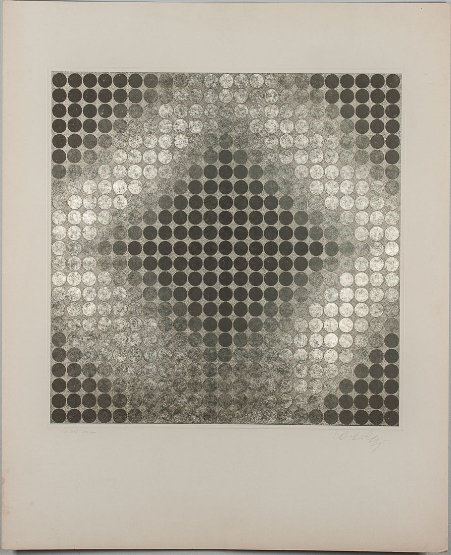 VICTOR VASARELY (FRENCH/HUNGARIAN, 1906-1997): Original foil stamping print, hand signed by Victor Vasarely in pencil in the lower right margin. Numbered 198 from the edition of 200 in pencil in the lower left margin 198/200. Size: 19 ¼” x 19 �