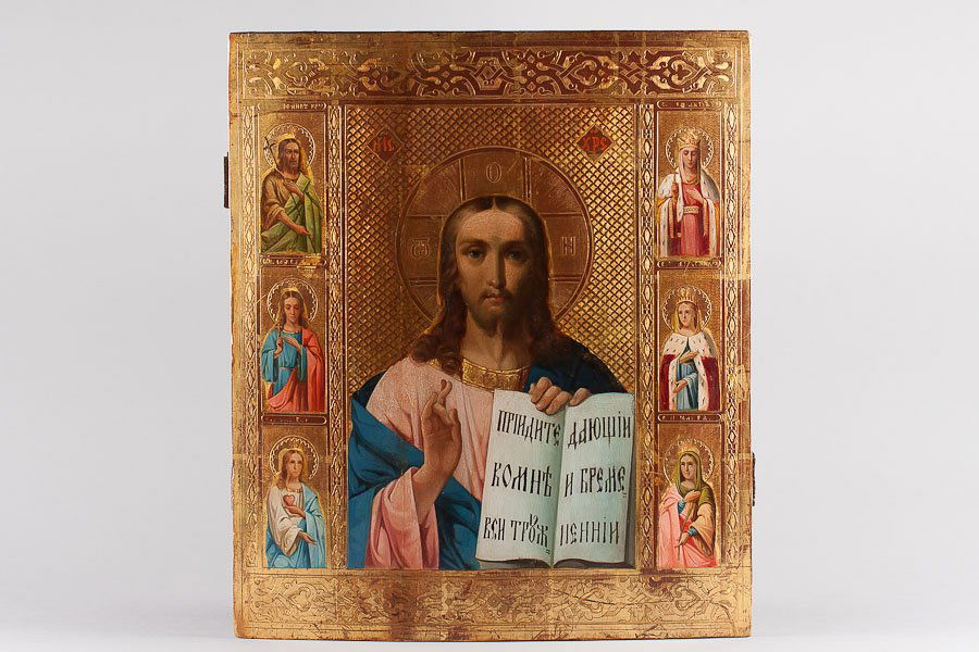 A RUSSIAN ICON: CHRIST PANTOCRATOR: 19th century icon, Mstera. Egg tempera, gold leaf, and gesso on wood panel, two splints in the back.The icon is painted in gold color with punched ground decoration and simulated enamel. Size: 15 ¾��