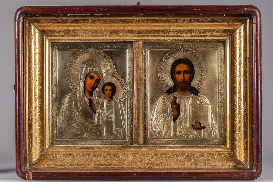 115. ICON: KAZAN MOTHER OF GOD AND CHRIST PANTOCRATOR: 19th century Russian icon. Egg tempera and gesso on wood panel. Overlade with reposes and chased silver gilded cover “Oklad.” Moscow, Circa 1908. Hallmarked of silver 84, makers initial “MX” (