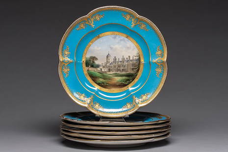 ENGLISH CASTLES PLATE: 6 Porcelain English Castles Plate set Daniel/London, c. 1889. Size: D- 9 ¼” (23.5 cm)