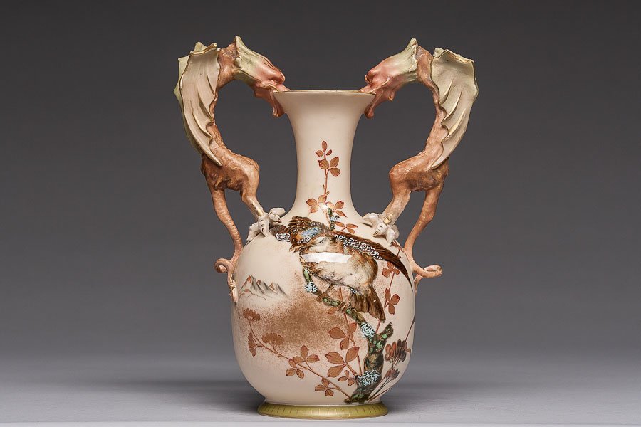 PORCELAIN VASE (ROYAL WORCESTER, ENGLAND): English Art Nouveau, Royal Worcester vase decorated with hand painted enamel.