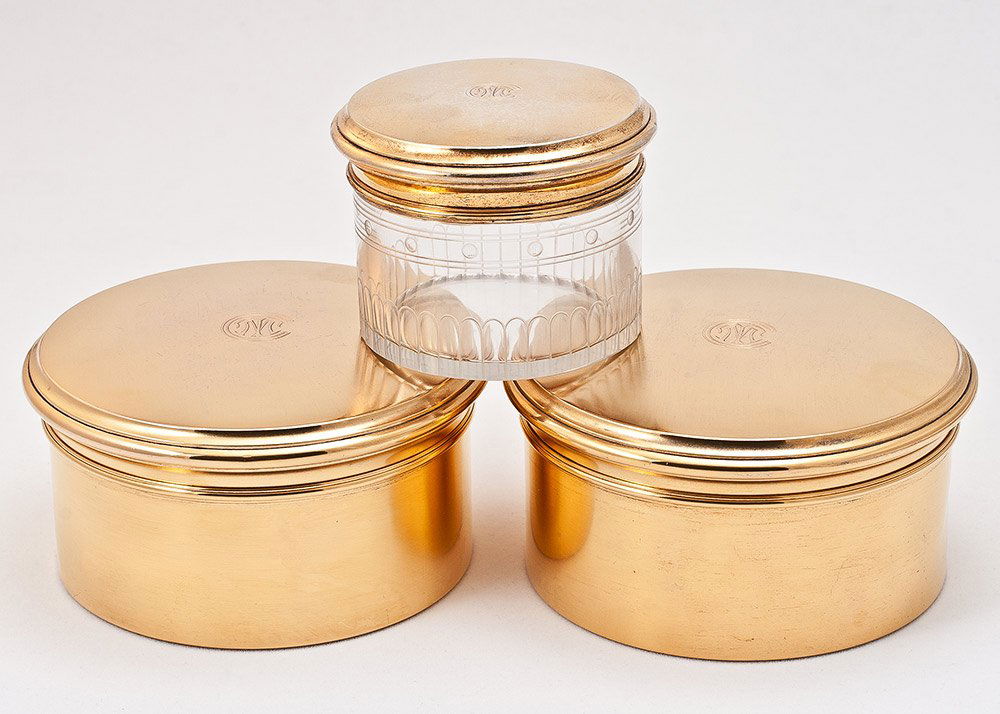 Early 20th C French Silver Dresser Set by G. Keller: Gilded sterling silver dresser set by G. Keller France early 20th Century. SIZE: 2 big boxes H 2 ½” (6.5 cm) D 5 ¼” (13.5 cm) 1 glass box H 2 ½” (6.5 cm) D 3 ½” (9 cm)