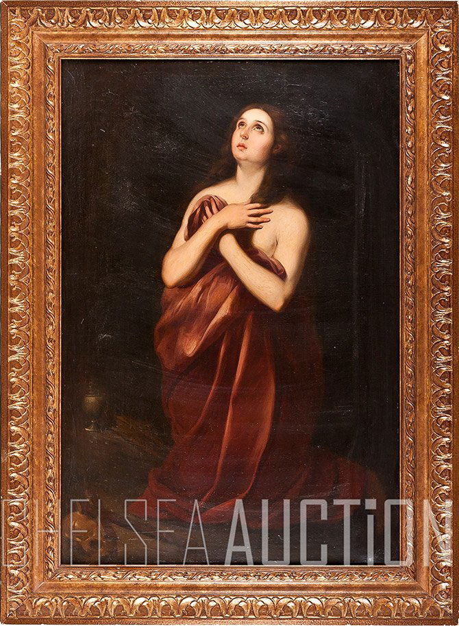 Antique Painting of Mary Magdalene: Antique oil on canvas of Mary Magdalene, signed in lower left corner L. Giordano. SIZE: 32.75 in x 22 in (84 x 56 cm)